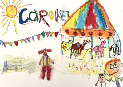 Carousel • 2025 • 12"x9" • Illustration • Watercolor, Marker, Pencil Crayon on Bristol Vellum • Artist Lorrie Jollimore